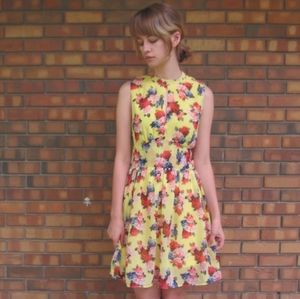 Floral yellow blue red sleeveless modcloth dress - small